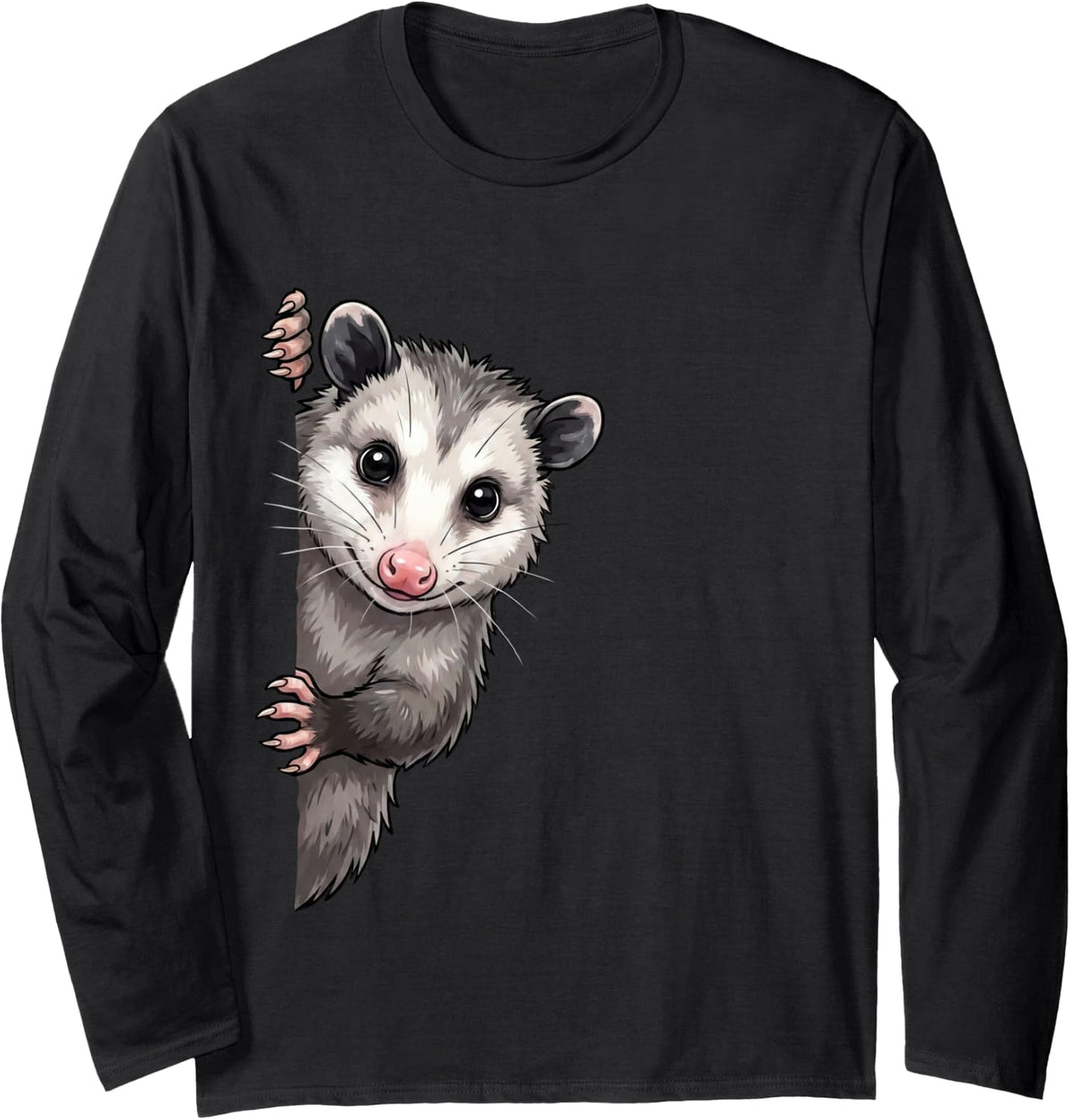 Funny Opossum Peeking from Side Wildlife Animal Long Sleeve T-Shirt - Adult Unisex Black