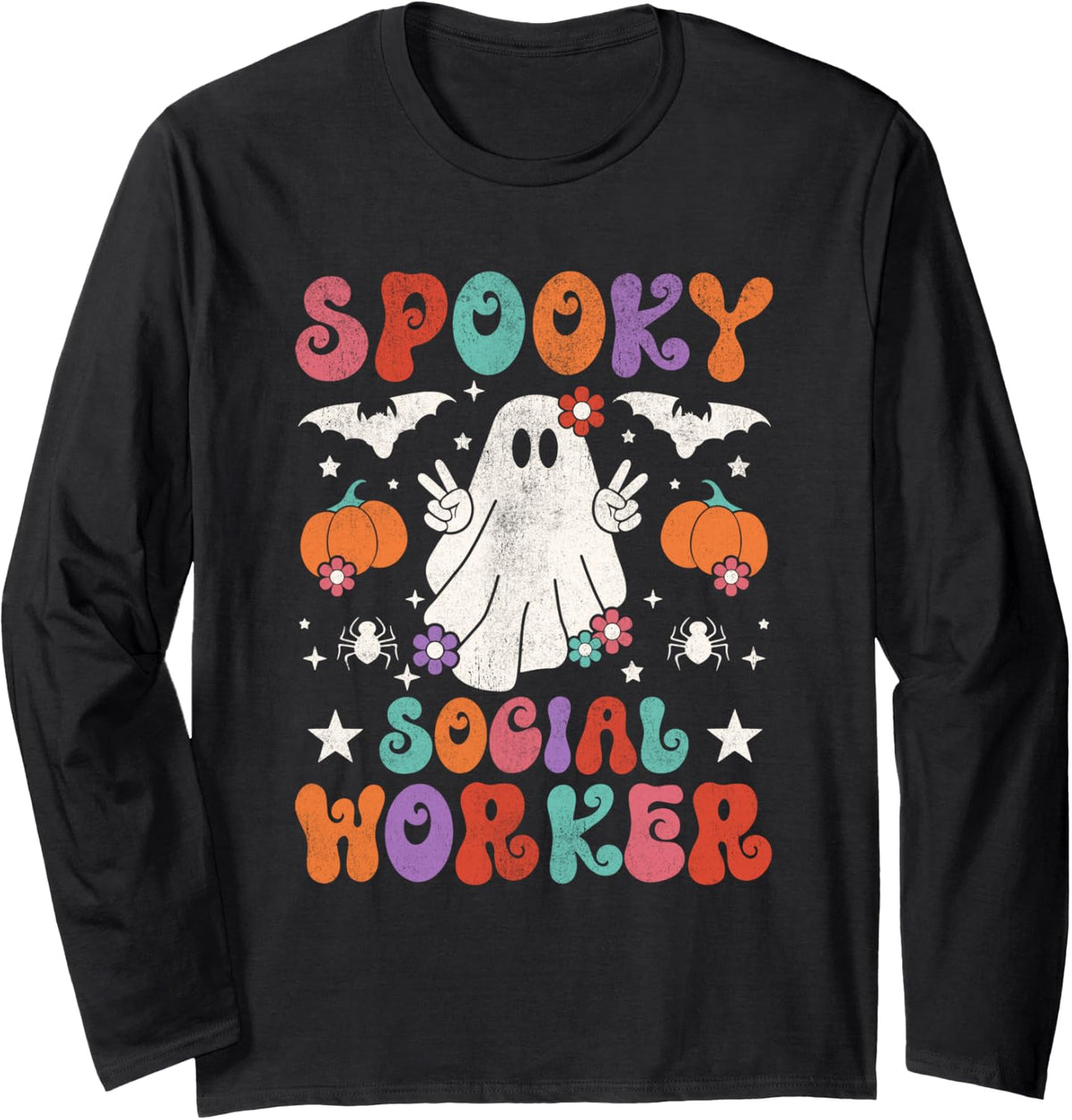 Spooky Social Worker Halloween Ghost Long Sleeve T-Shirt - Adult Unisex Black