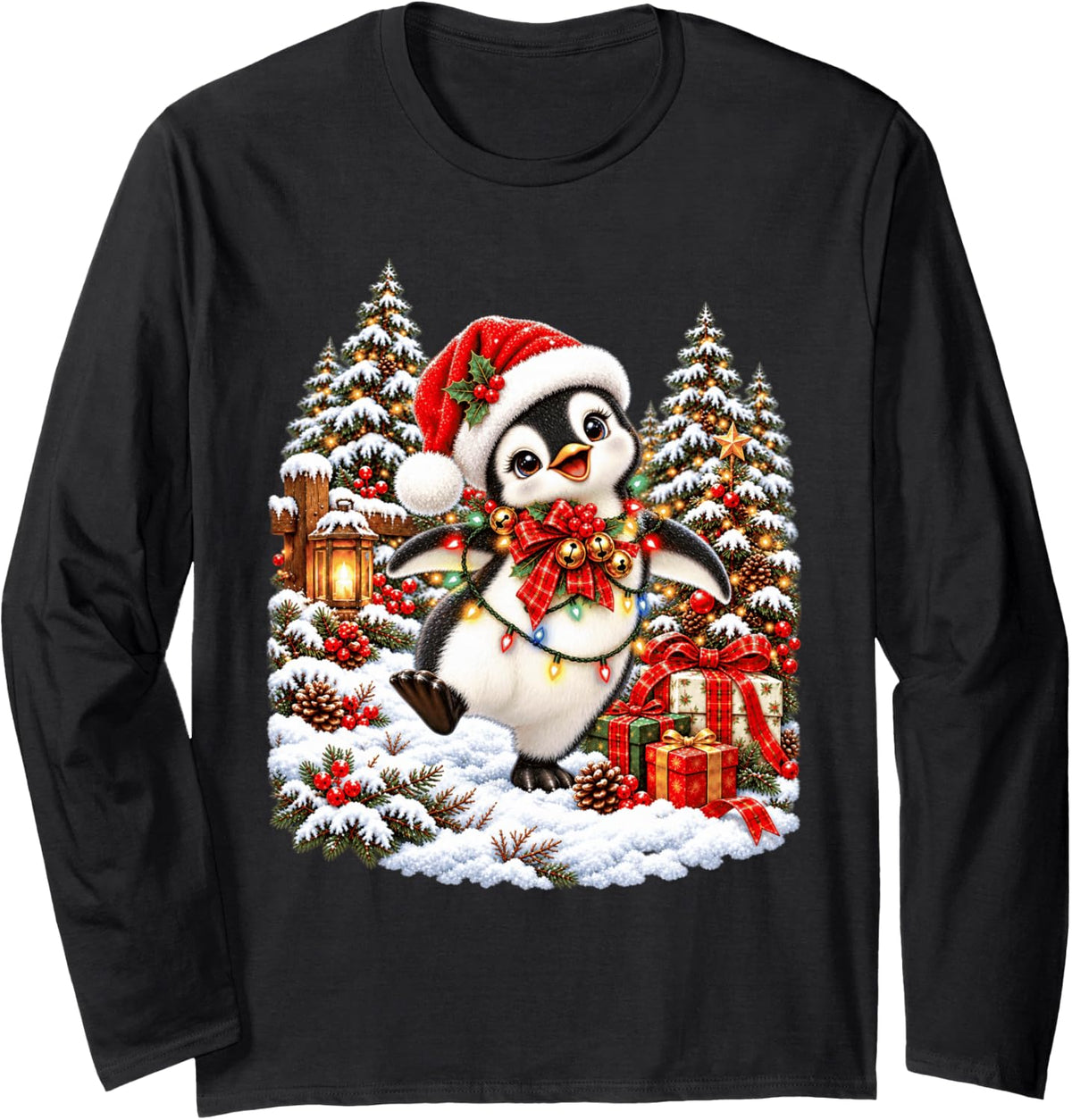 Merry Penguin Christmas Santa Snow Scene Long Sleeve T-Shirt - Adult Unisex Black