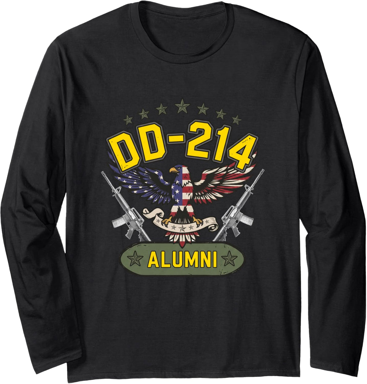 DD-214 Alumni in Black US Military Veteran Retired DD-214 Long Sleeve T-Shirt - Adult Unisex Black