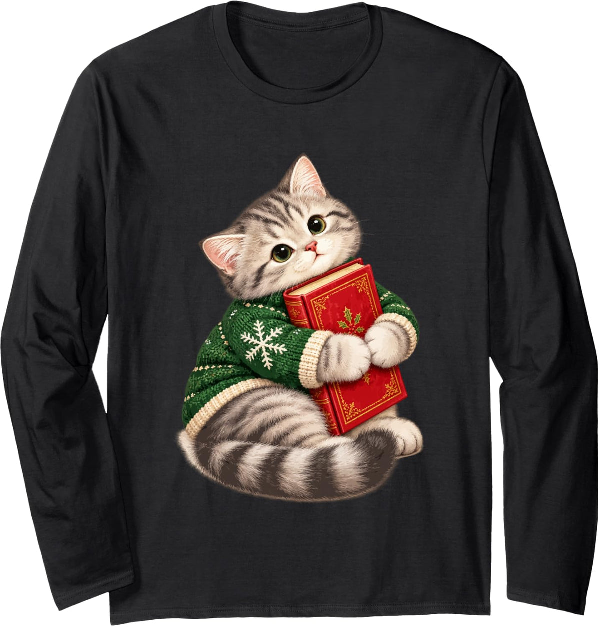 Cute Tabby Cat Hugging Christmas Book Bookworm Kitten Art Long Sleeve T-Shirt - Adult Unisex Black