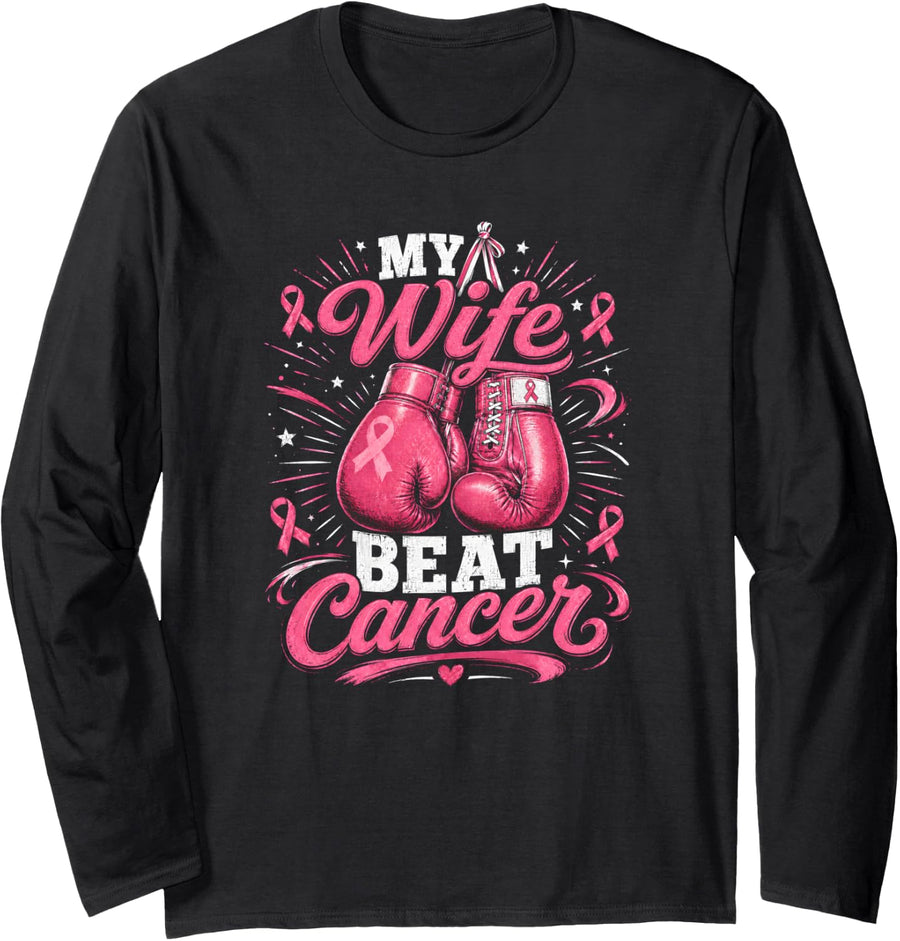 My Wife Beat Cancer Breast Cancer Boxing Gloves Long Sleeve T-Shirt - Adult Unisex Black