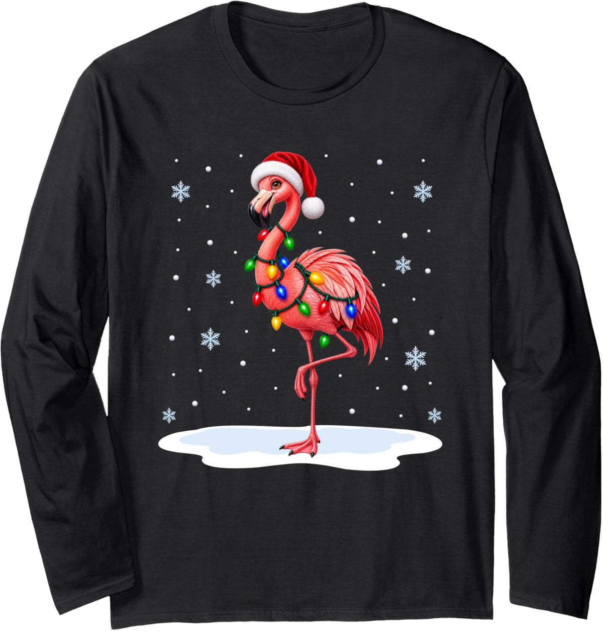 Flamingo Christmas Lights Animal Lover Xmas Long Sleeve T-Shirt - Adult Unisex Black
