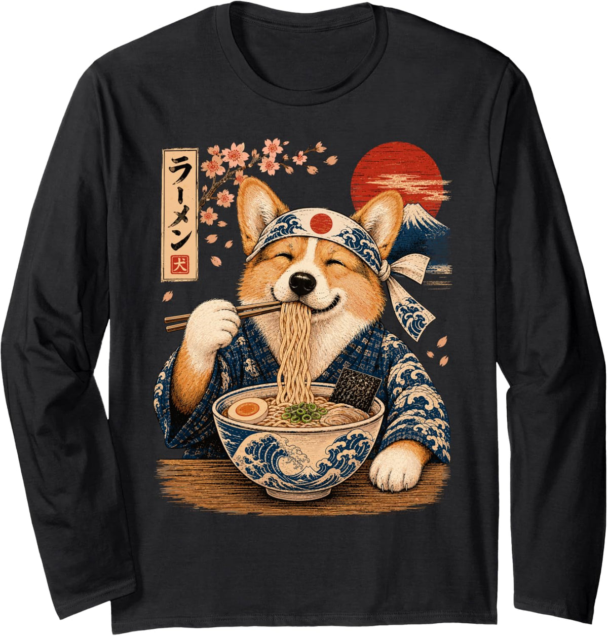 Corgi Dog Eating Ramen Japanese Corgi Long Sleeve T-Shirt - Adult Unisex Black