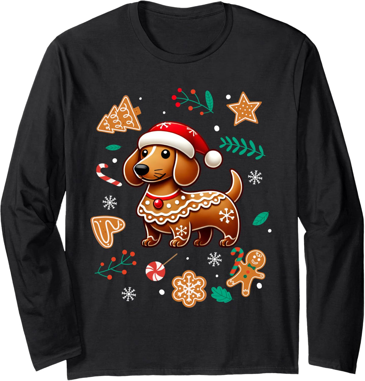 Gingerbread Weiner Dog Lover Dachshund Christmas Cookie Long Sleeve T-Shirt - Adult Unisex Black