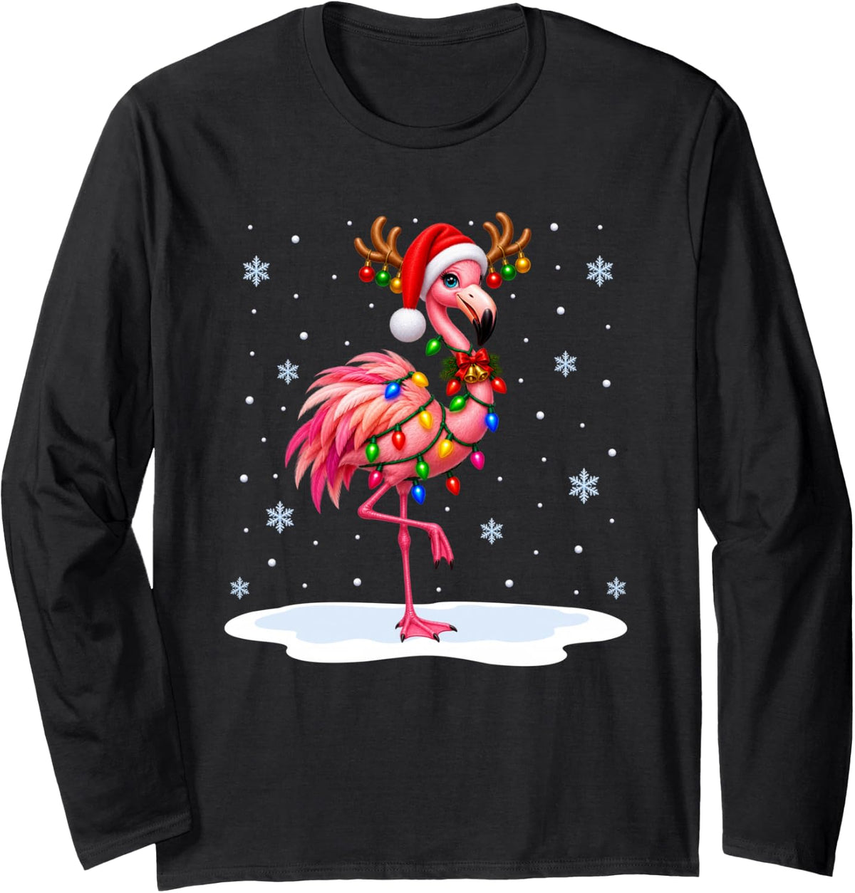 Flamingo Christmas Tree Lights Xmas Bird Lover Long Sleeve T-Shirt - Adult Unisex Black