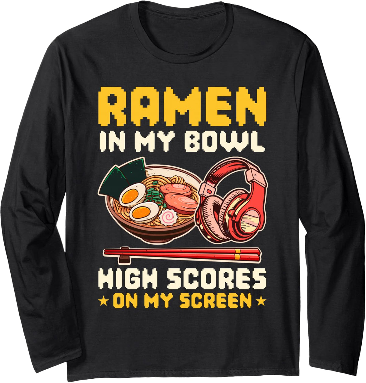 Videogames Eating Ramen Gamer Anime Long Sleeve T-Shirt - Adult Unisex Black