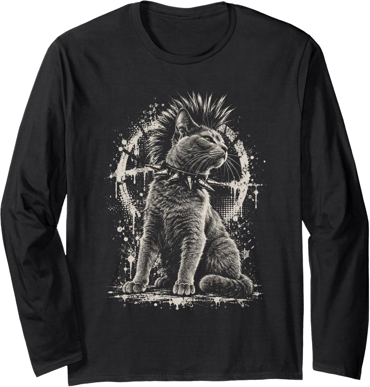 Punk Tabby Cat Funny Mohawk Rock Grunge Long Sleeve T-Shirt - Adult Unisex Black