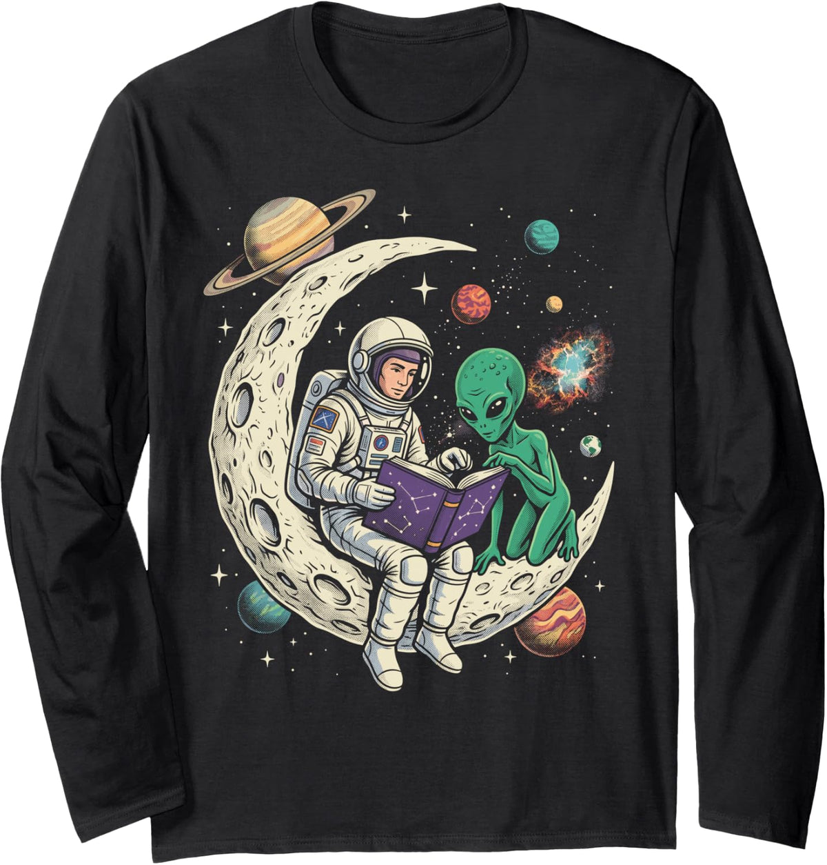 Astronaut Alien Reading Book Retro Space Astronomy Galaxy Long Sleeve T-Shirt - Adult Unisex Black
