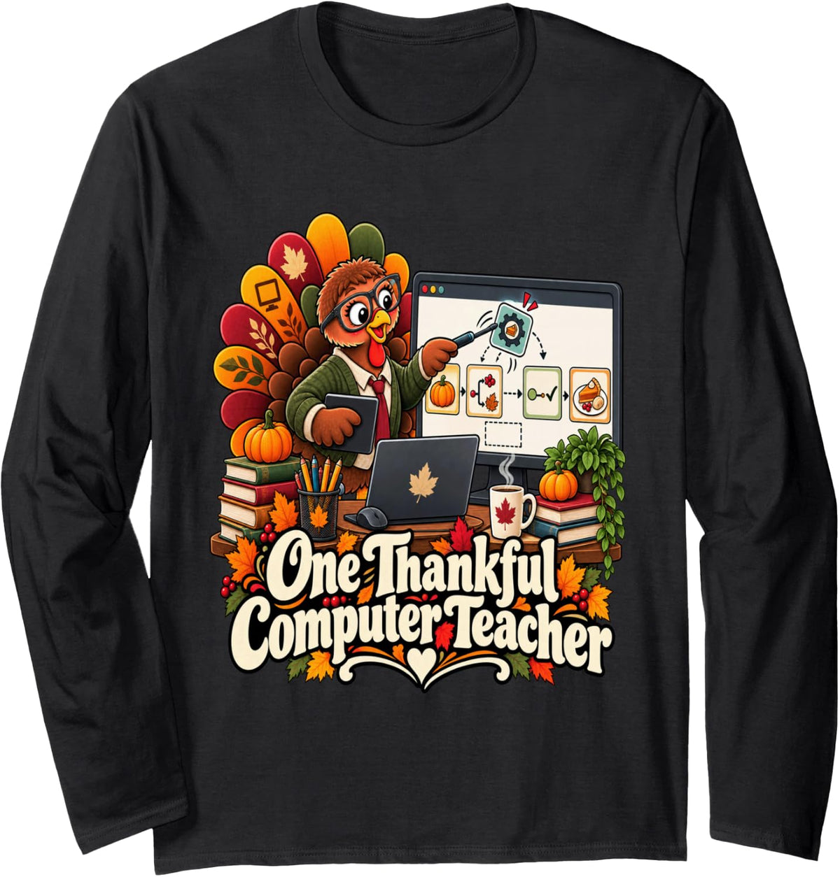 One Thankful Computer Teacher Thanksgiving Technology Turkey Long Sleeve T-Shirt - Adult Unisex Black