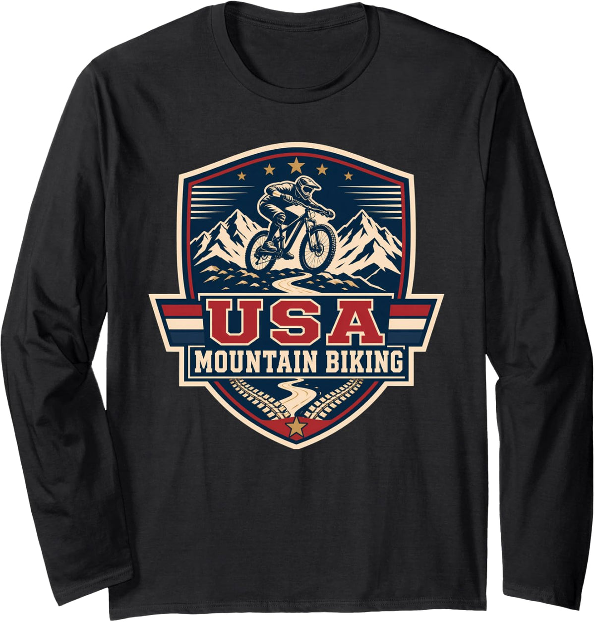 USA Mountain Biking Downhill Rider MTB Emblem Long Sleeve T-Shirt - Adult Unisex Black