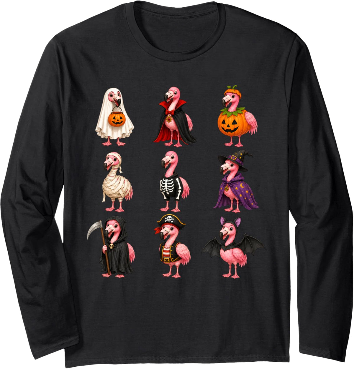 Cute Halloween Flamingo Pumpkin Ghost and Witch Costumes Long Sleeve T-Shirt - Adult Unisex Black