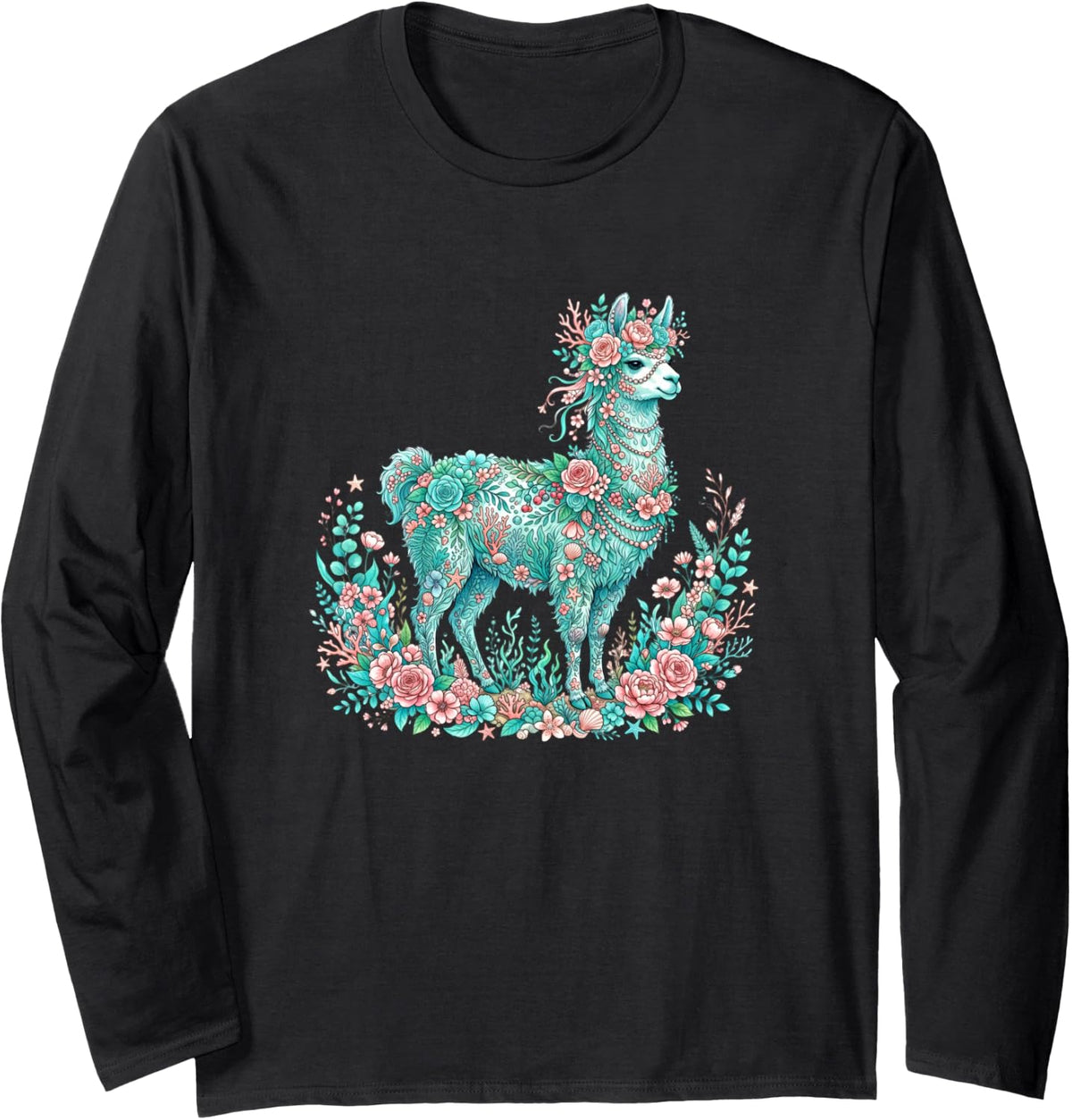 Floral Alpaca Llama Botanical Garden Art Long Sleeve T-Shirt - Adult Unisex Black
