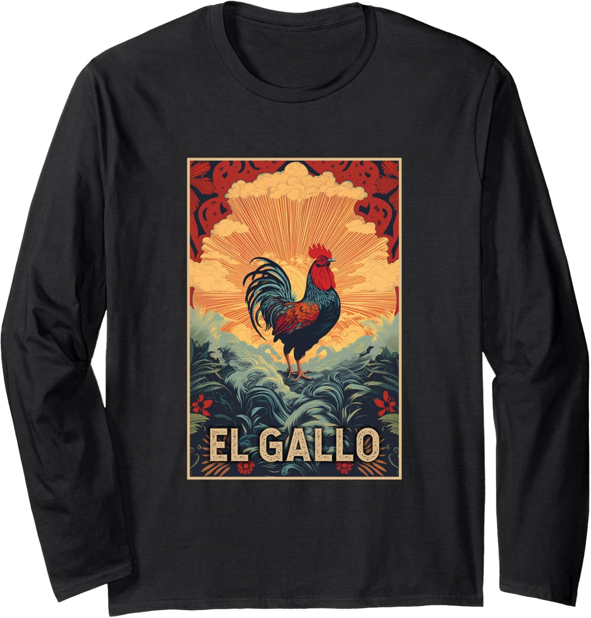 El Gallo Cool Vintage Design of Rooster at Dawn Long Sleeve T-Shirt - Adult Unisex Black
