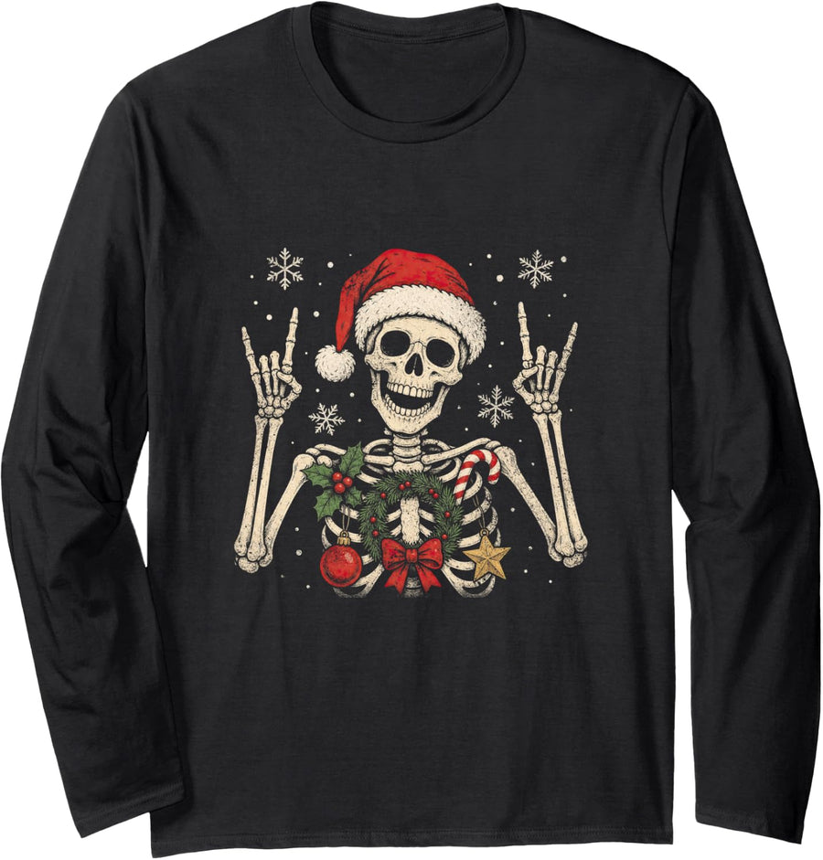 Punk Rock Christmas Skeleton Santa Hat Xmas Skull Bow Women Long Sleeve T-Shirt - Adult Unisex Black