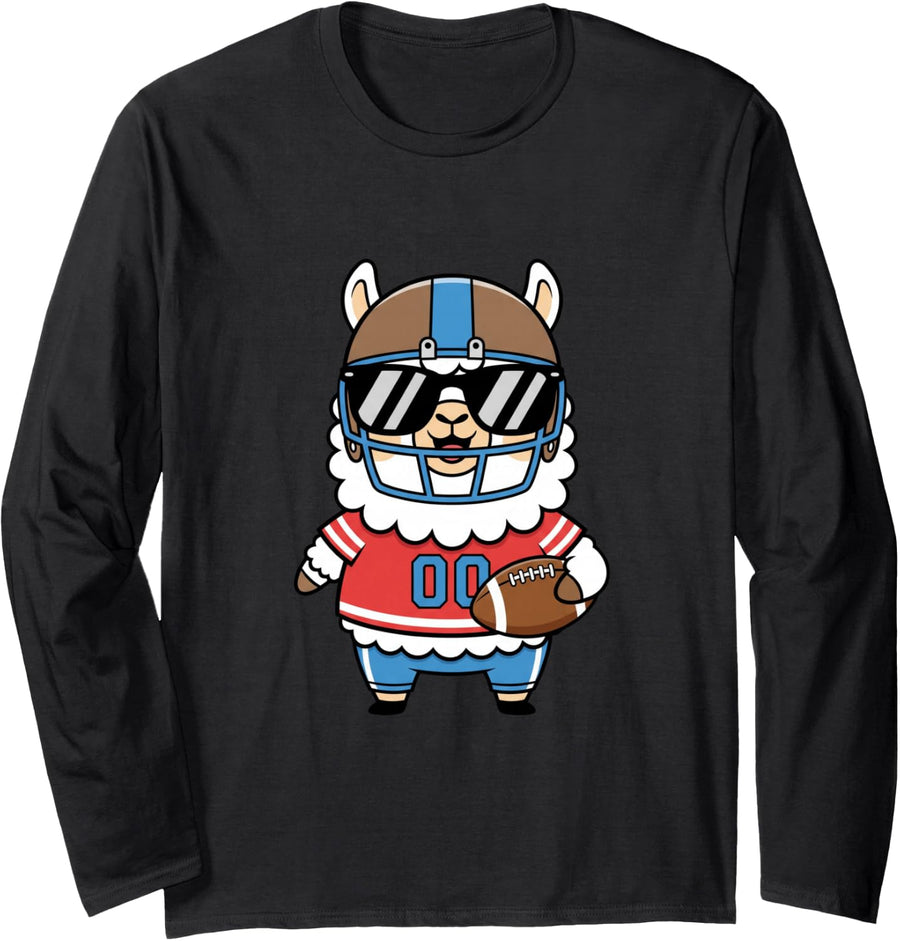 Funny Llama Football Player Cute Cartoon Game Day Long Sleeve T-Shirt - Adult Unisex Black