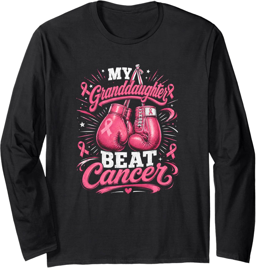My Granddaughter Beat Cancer Breast Cancer Boxing Gloves Long Sleeve T-Shirt - Adult Unisex Black