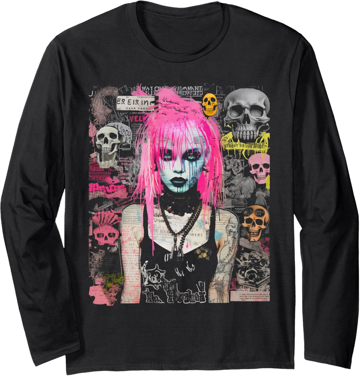 Pink Hair Punk Goth Witch With Skull Collage Background Long Sleeve T-Shirt - Adult Unisex Black