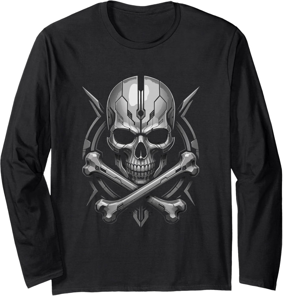 Dark Skull Crossbones Goth Skull Cap Long Sleeve T-Shirt - Adult Unisex Black