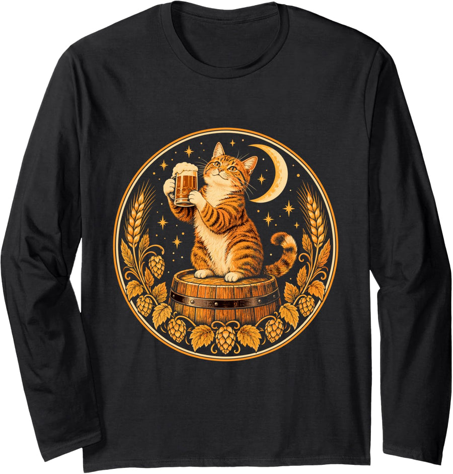Beer Keg Moon Hops - Cat Long Sleeve T-Shirt - Adult Unisex Black