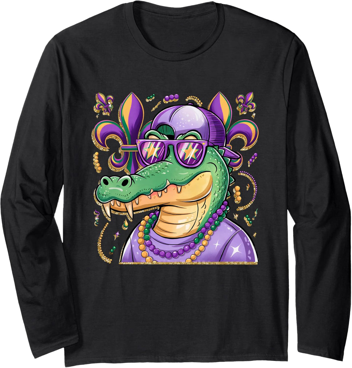 Mr Gator Mardi Gras Vibes Louisiana Crocodile Mardi Gras Long Sleeve T-Shirt - Adult Unisex Black