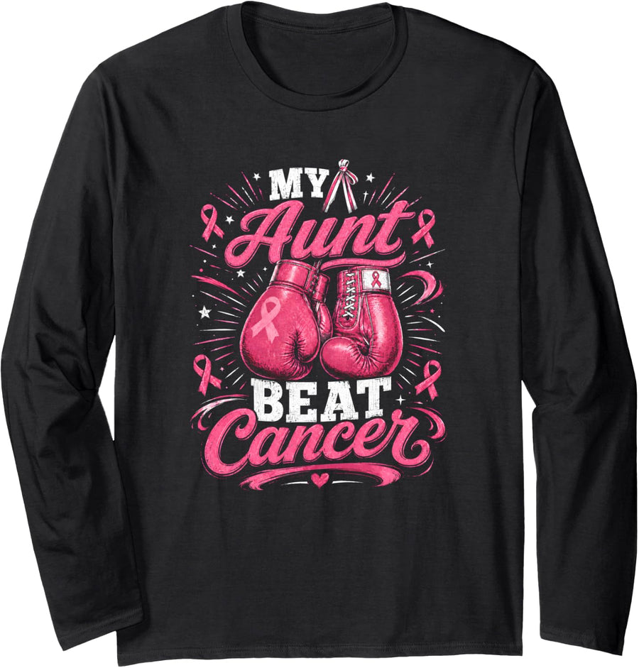 My Aunt Beat Cancer Breast Cancer Boxing Gloves Long Sleeve T-Shirt - Adult Unisex Black