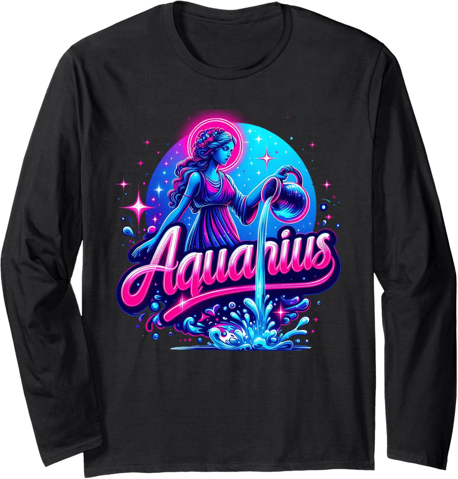 Aquarius Water Bearer Zodiac Astrology Art Long Sleeve T-Shirt - Adult Unisex Black