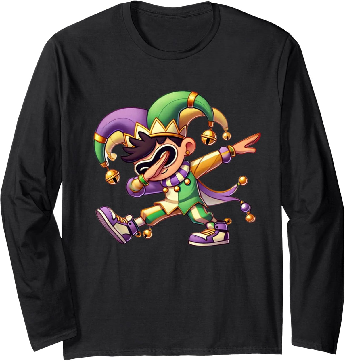 Mardi Gras Boys Dabbing Funny Outfit Jester Hat Boys Tee Long Sleeve T-Shirt - Adult Unisex Black