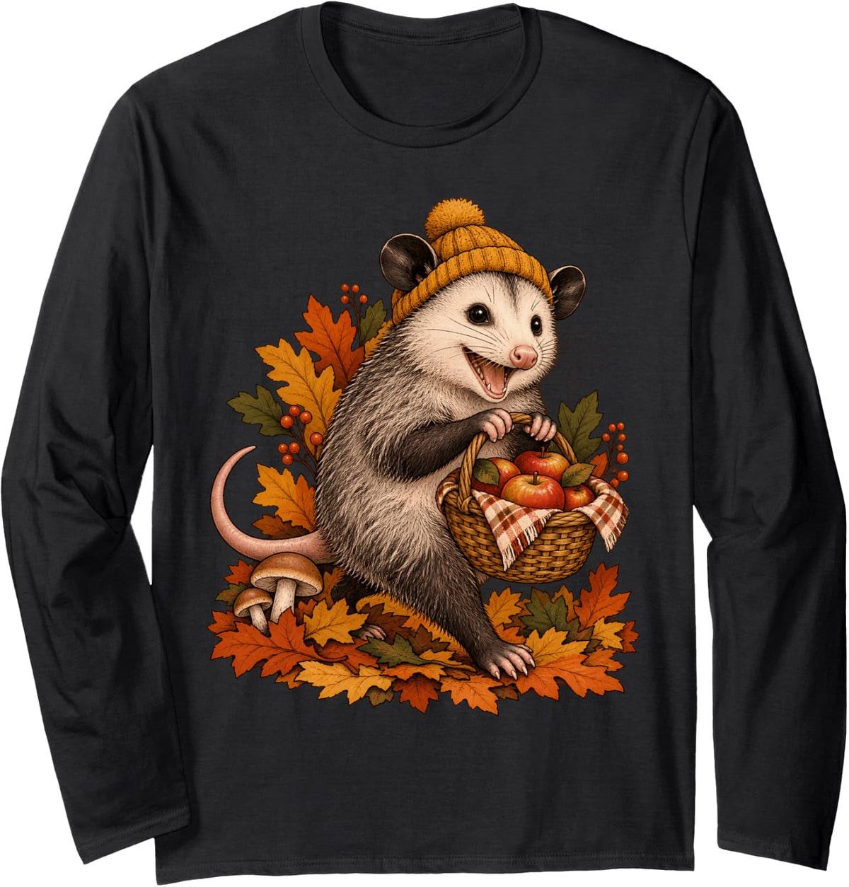 Funny Opossum Apple Picking Basket Fall Autumn Long Sleeve T-Shirt - Adult Unisex Black
