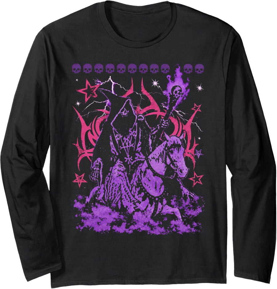 Dark Sorcerer Riding Horse Skull Staff Gothic Metal Long Sleeve T-Shirt - Adult Unisex Black