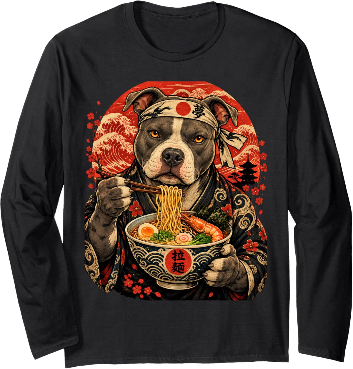 Love Pitbulls Dog Lovers Ramen Japanese Kawaii Anime Pitbull Long Sleeve T-Shirt - Adult Unisex Black