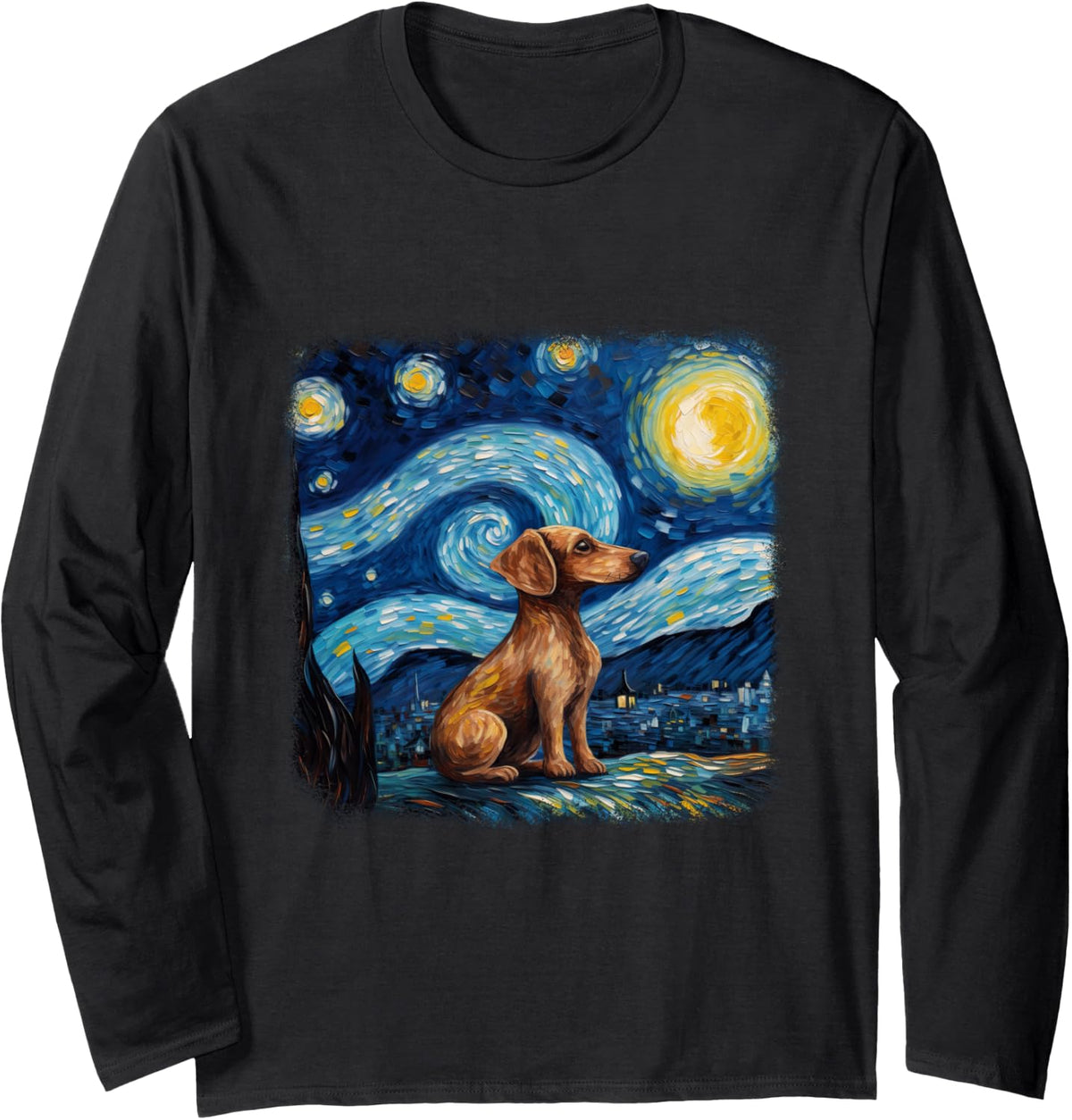 Dog in starry night van gogh Dachshund Long Sleeve T-Shirt - Adult Unisex Black