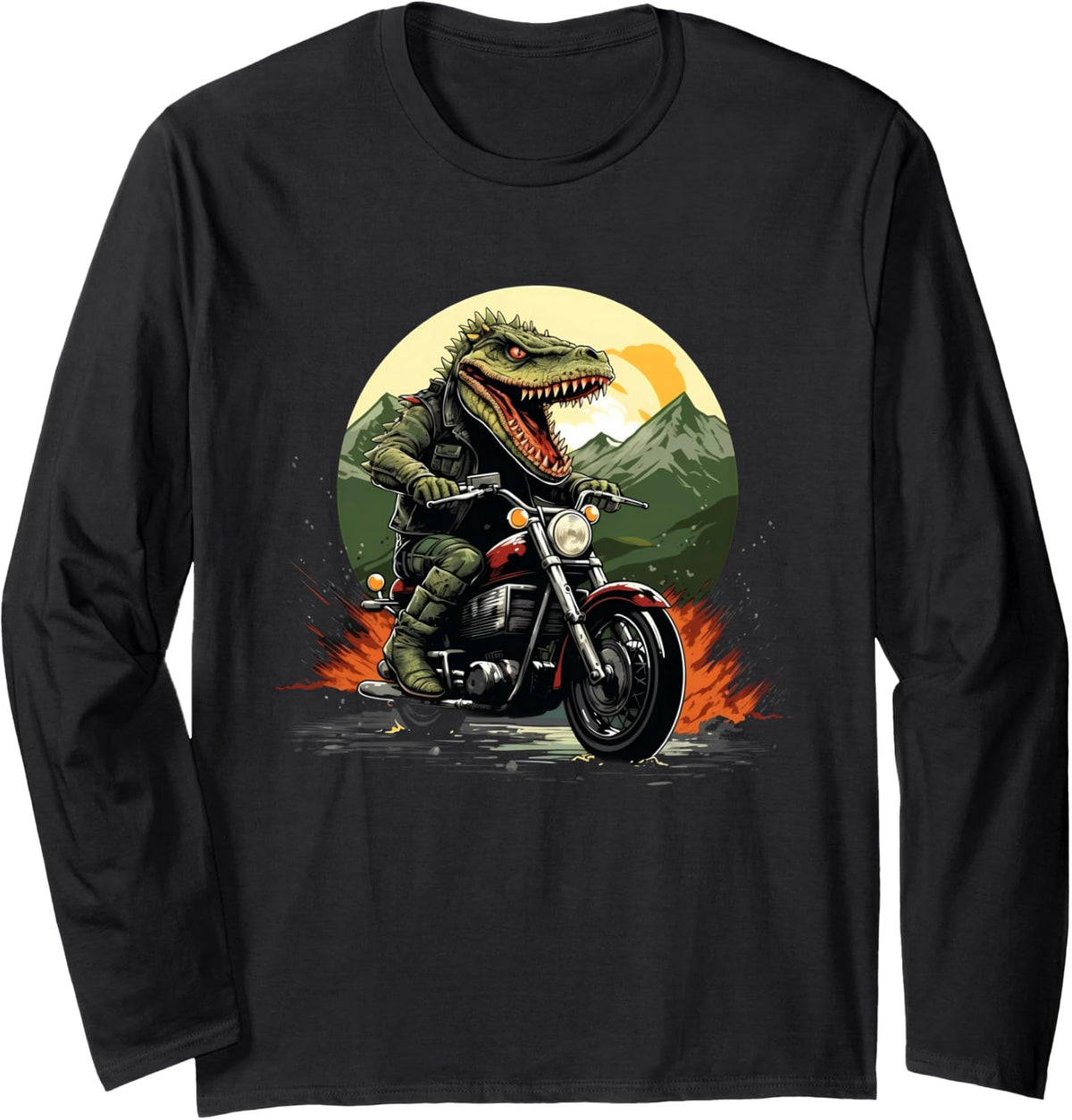 Biker Crocodile Riding Motorcycle Long Sleeve T-Shirt - Adult Unisex Black