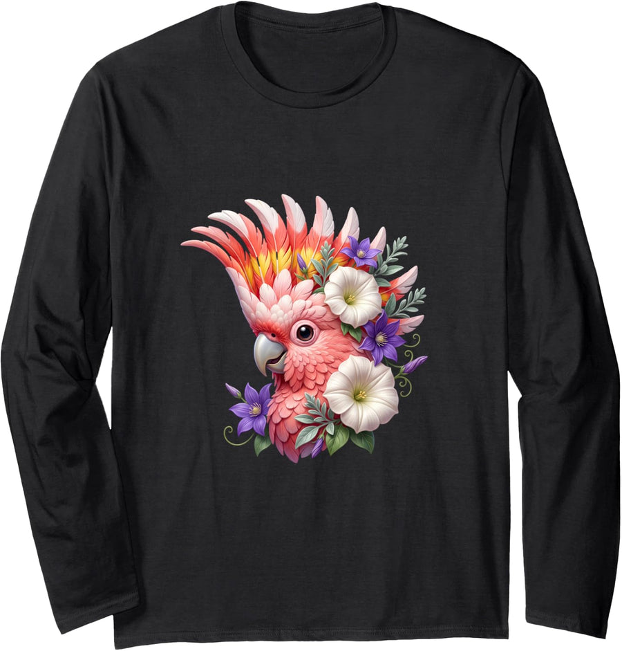 Pink Cockatoo with Purple and White Flowers Long Sleeve T-Shirt - Adult Unisex Black