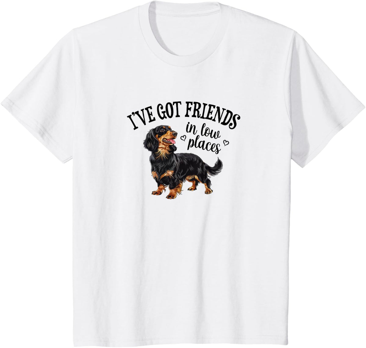 Funny Friends Low Places Black Long Haired Dachshund Lover T-Shirt - White