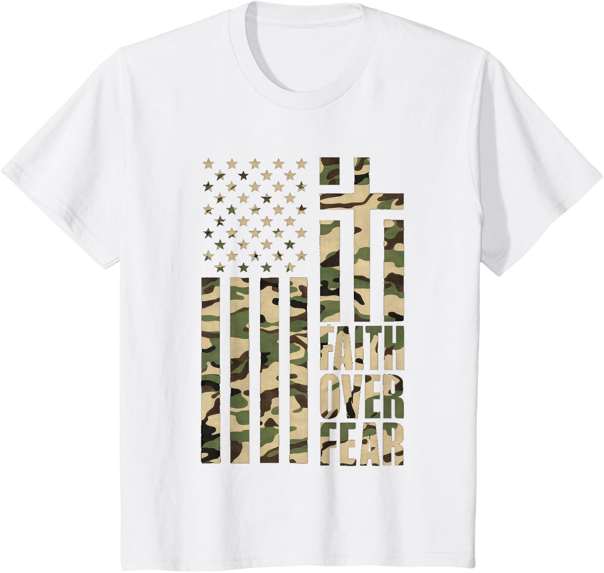 Christian USA Flag Cross Back Print Faith Over Fear Top T-Shirt - White