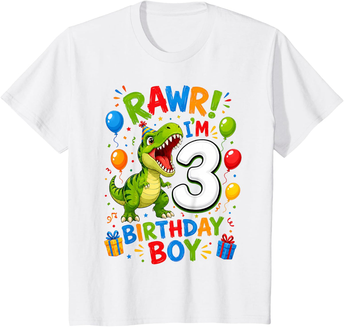 Kids Rawr I'm 3 Years Old Bday Boy T-Rex Dinosaur 3rd Birthday T-Shirt - White