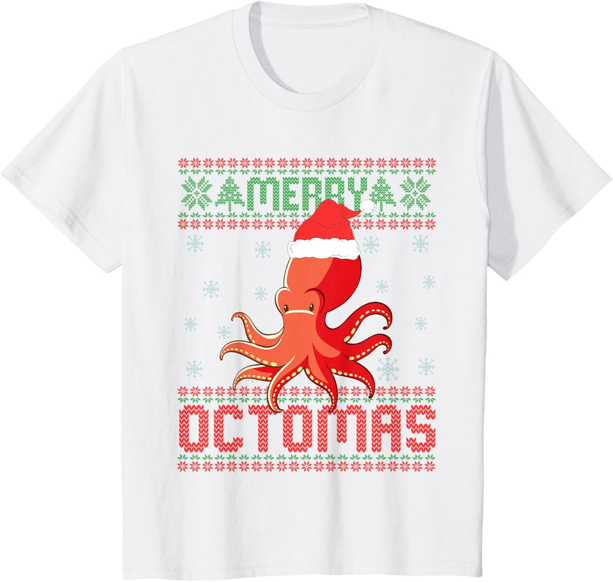Merry Octomas Funny Octopus Ugly Christmas Sweater Sea Fish T-Shirt - White