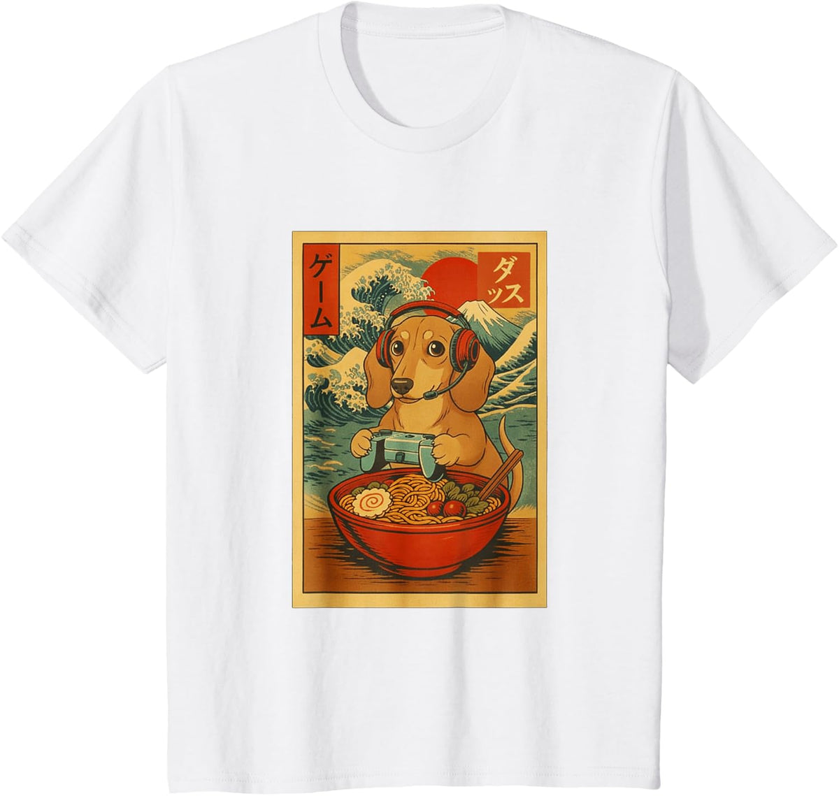 Dachshund Gaming Ramen Japanese Ukiyo-e Retro Graphic Tees T Shirts - White