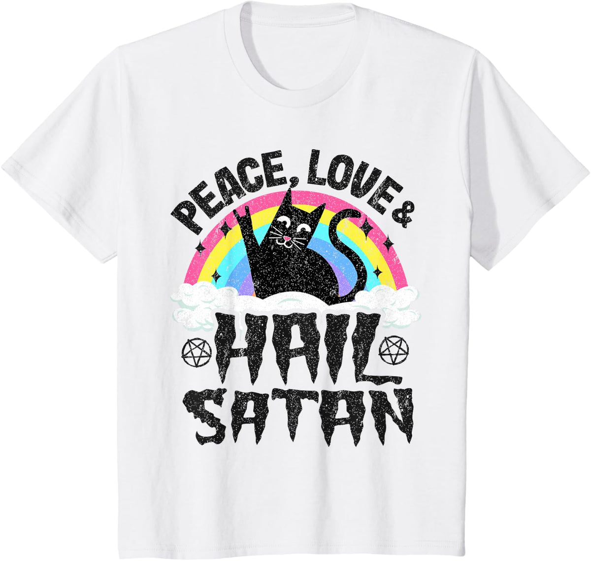 Peace Love & Hail Satan Cat Kids Punk Band Metal Rainbow T-Shirt - White