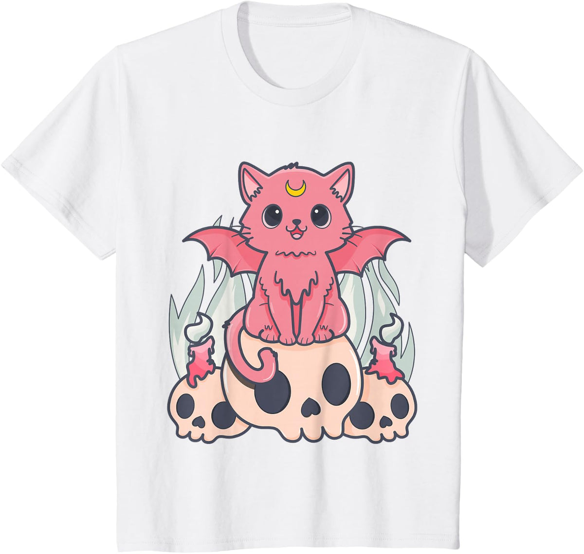 Kawaii Pastel Goth Cute Creepy Demon Cat and Skull Anime Art T-Shirt - White