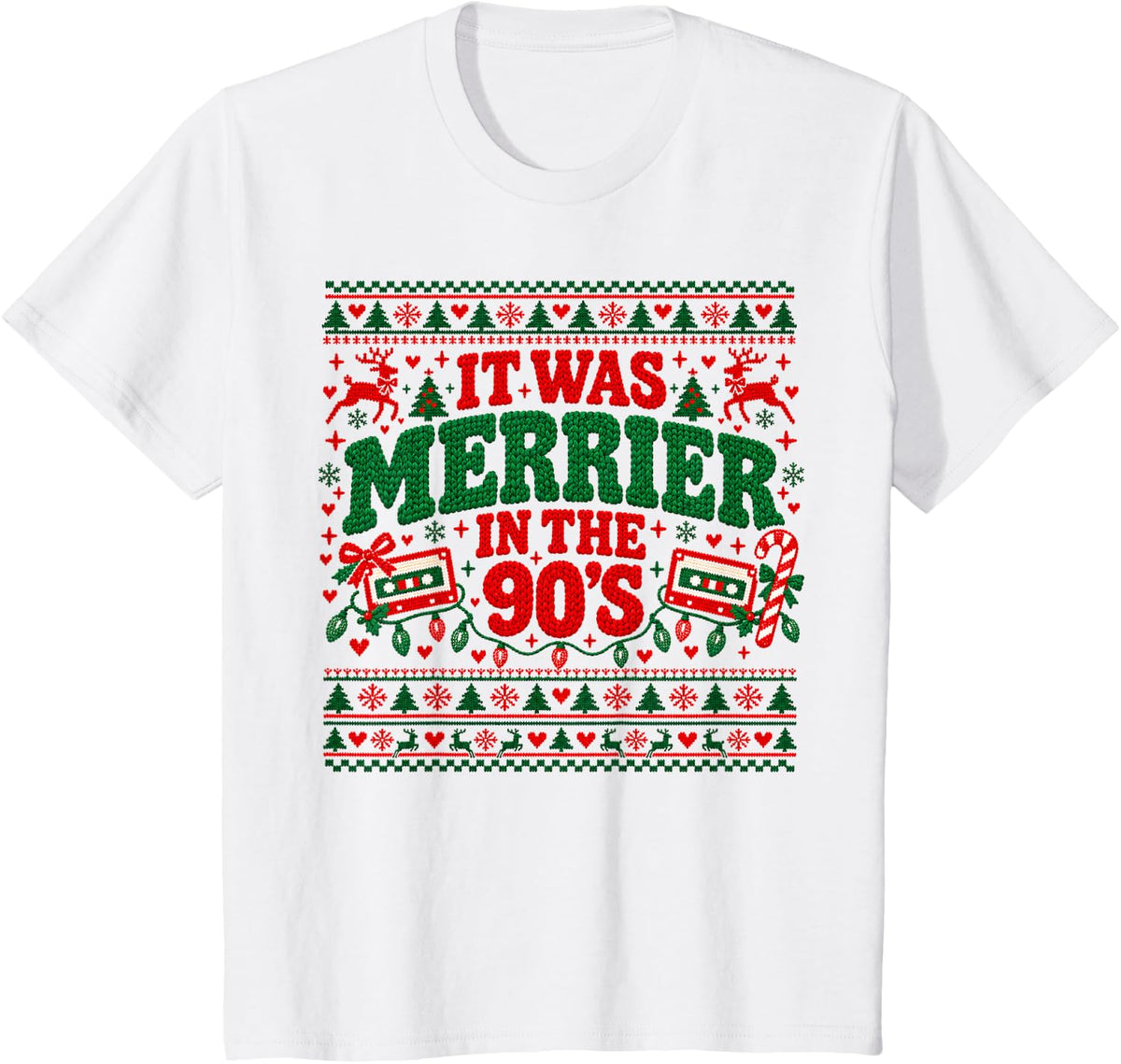 Ugly Christmas Sweater t was Merrier in The 90s Retro Xmas T-Shirt - White