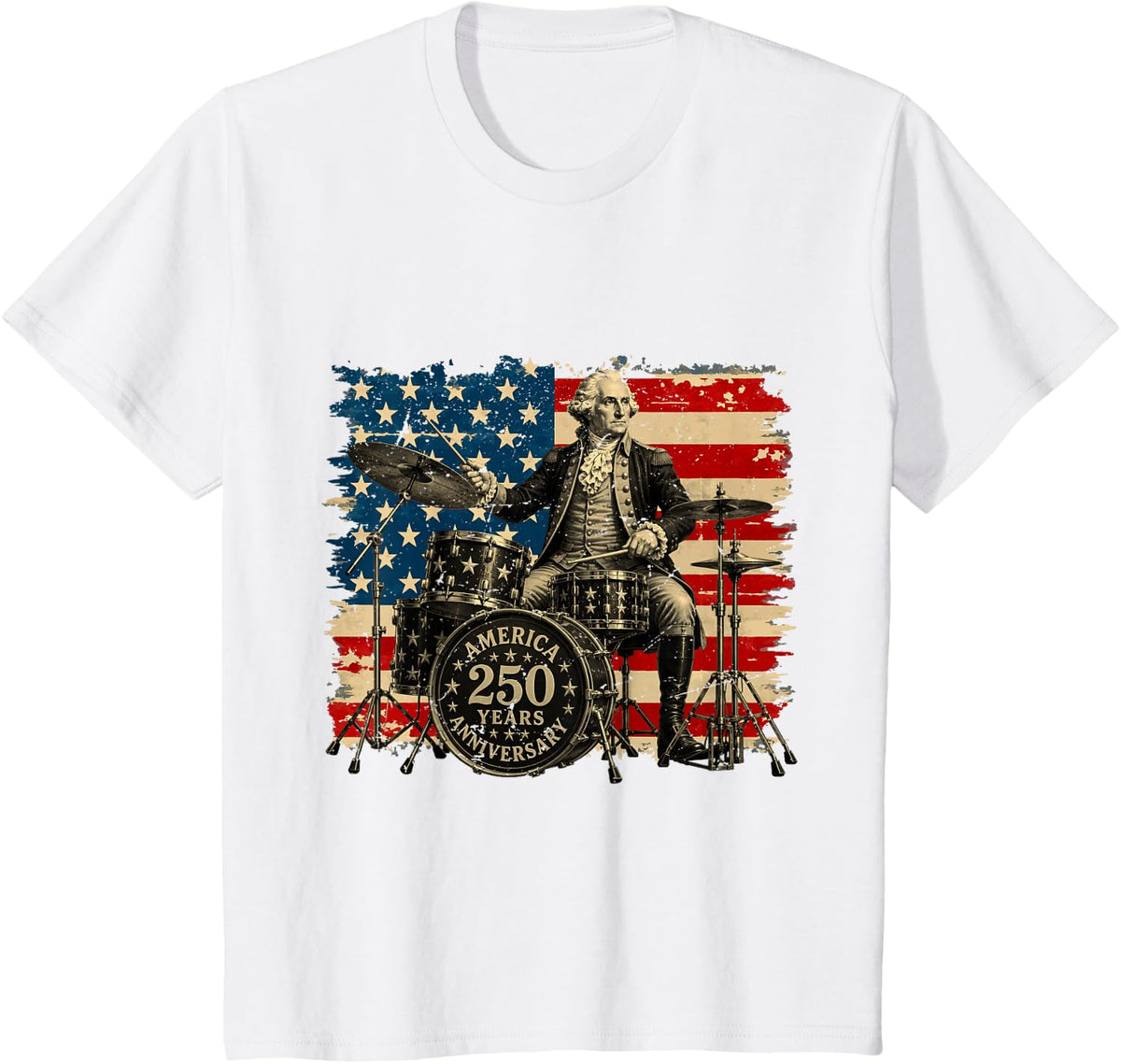250 American Years Anniversary Washington Playing Drums T-Shirt - White