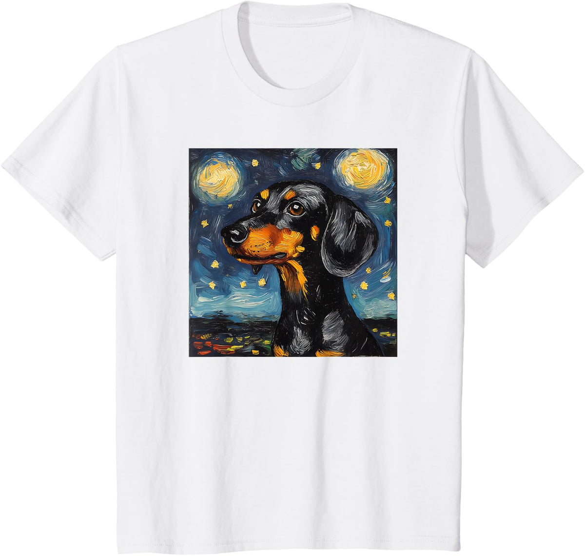 Cute Black and Tan Dachshund Starry Night Dog Art T-Shirt Tee for Dog Lovers - White