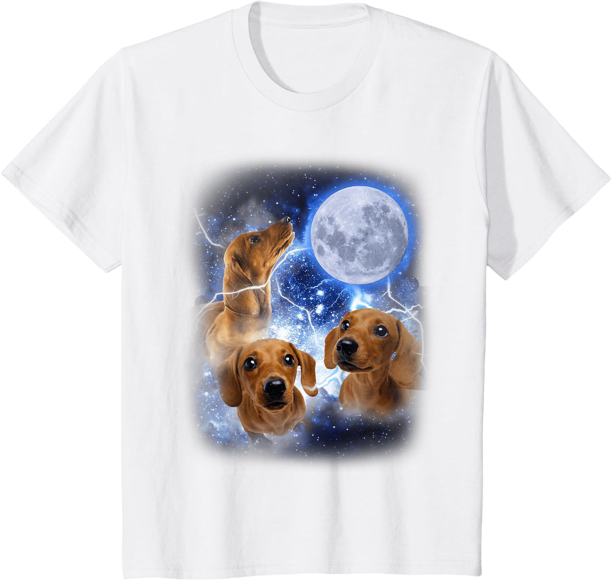 Three Dachshund Moon - Wiener Dog Humorous Doggo Meme Parody T-Shirt - White