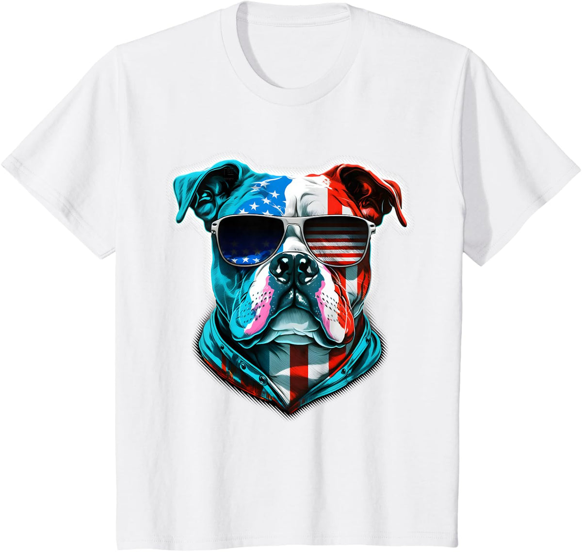 Bulldog Dog American Flag Sunglasses - Red/White/Blue T-Shirt - White