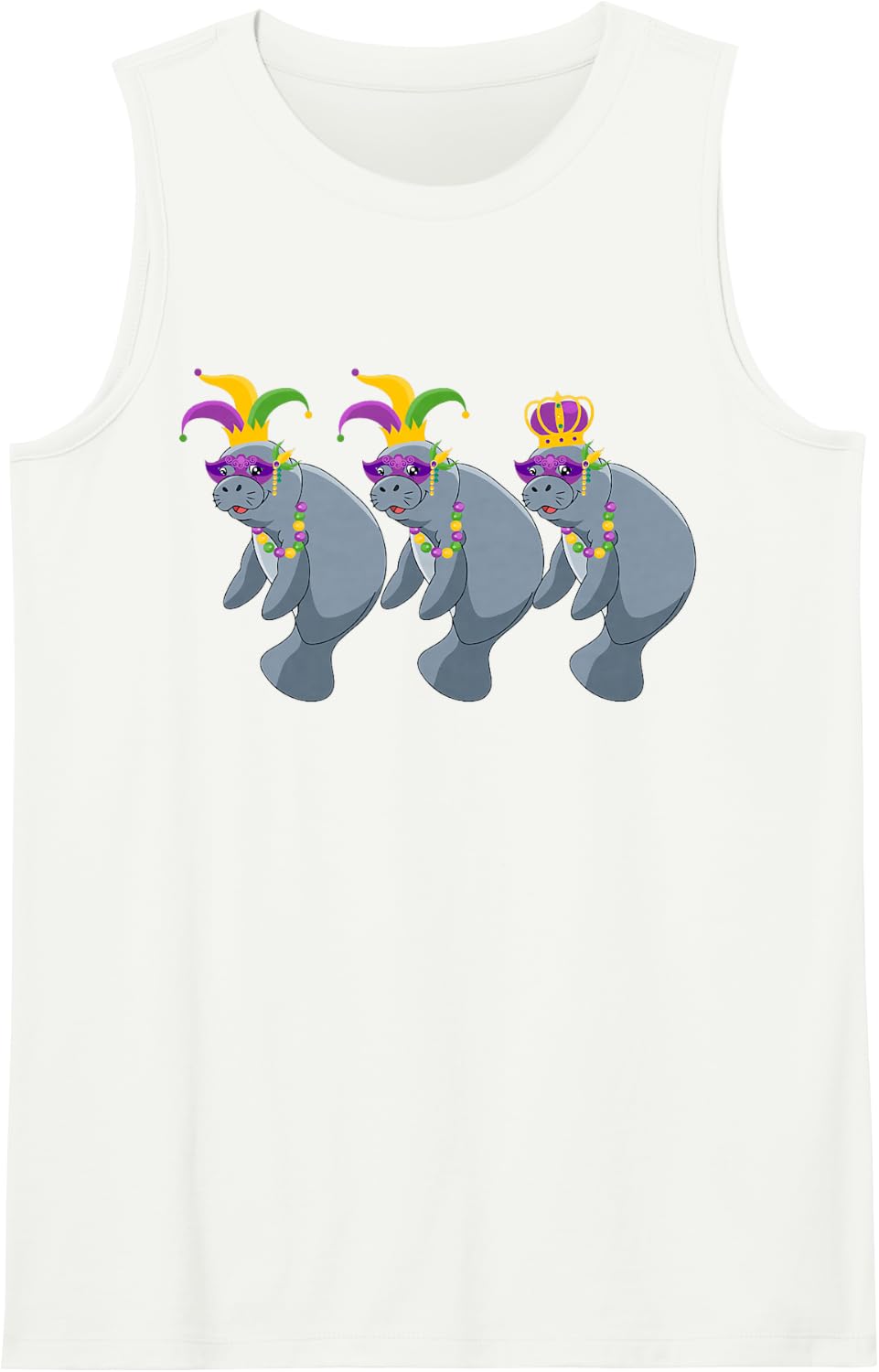 Three Cute Manatees Wearing Mardi Gras Masked Beads Zoo Sleeveless Tank Top - White