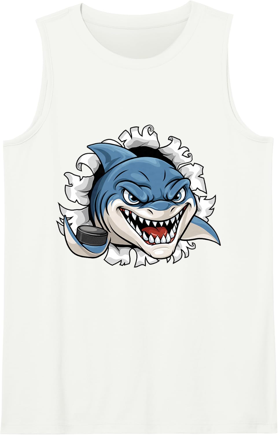 Shark Cartoon Character Holding Ice Hockey Puck Sleeveless Tank Top - White