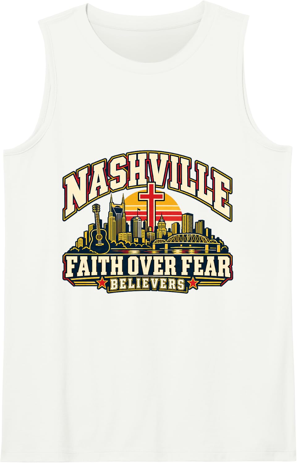 Nashville Faith Over Fear Christian Cross Skyline Sleeveless Tank Top - White