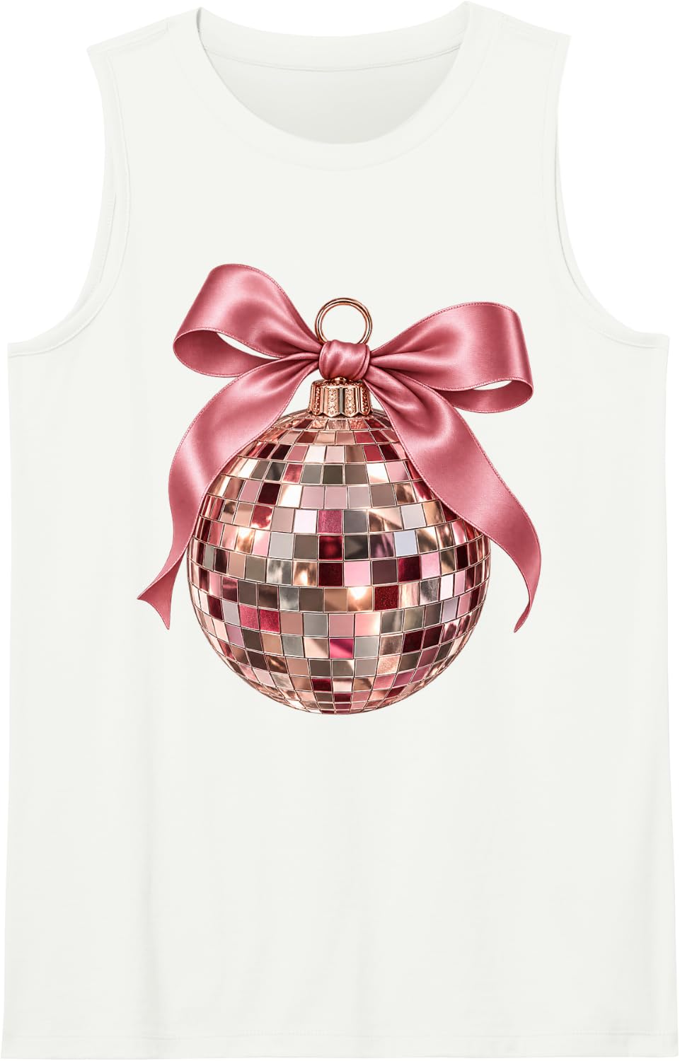 Pink Disco Ball Bow Coquette Christmas New Years Eve Sleeveless Tank Top - White